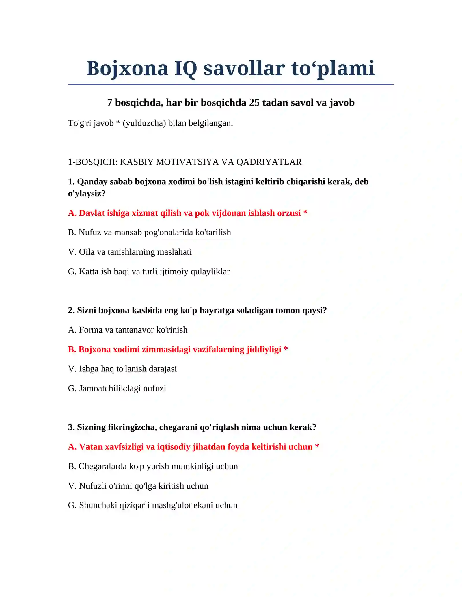 Bojxona IQ savollar to‘plami 2