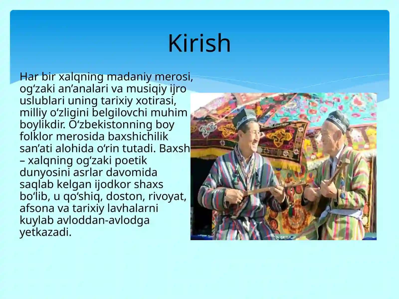 YUNESKo shafeligida o'tkaziladigan "Baxshichilik san'ati festivali milliy o'zlik targ'ibotchisi 2