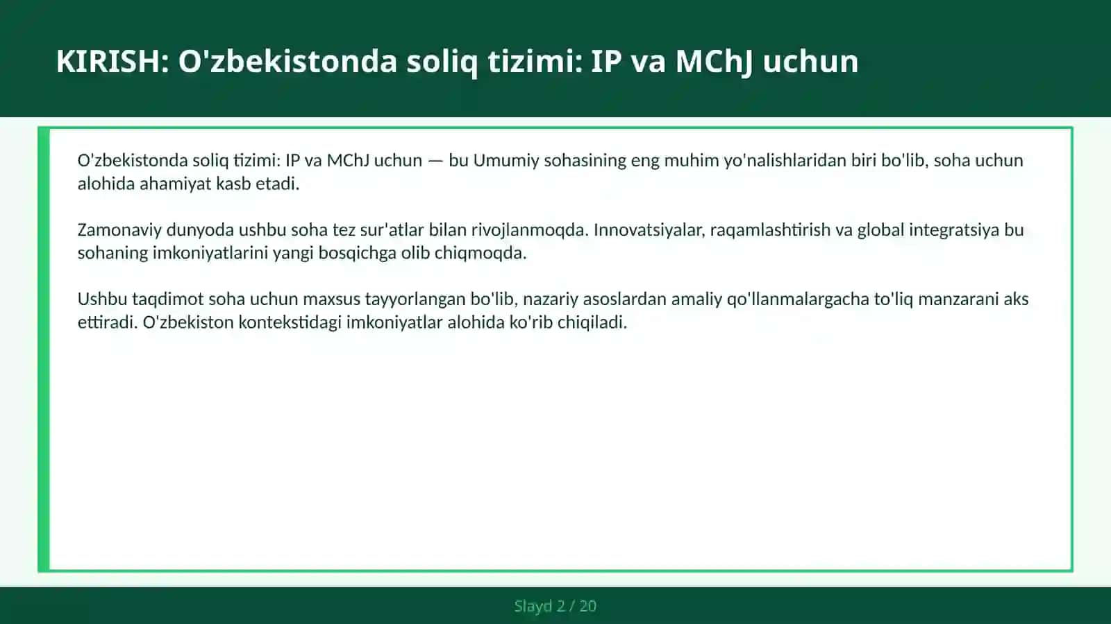 O'zbekistonda soliq tizimi: IP va MChJ uchun 2