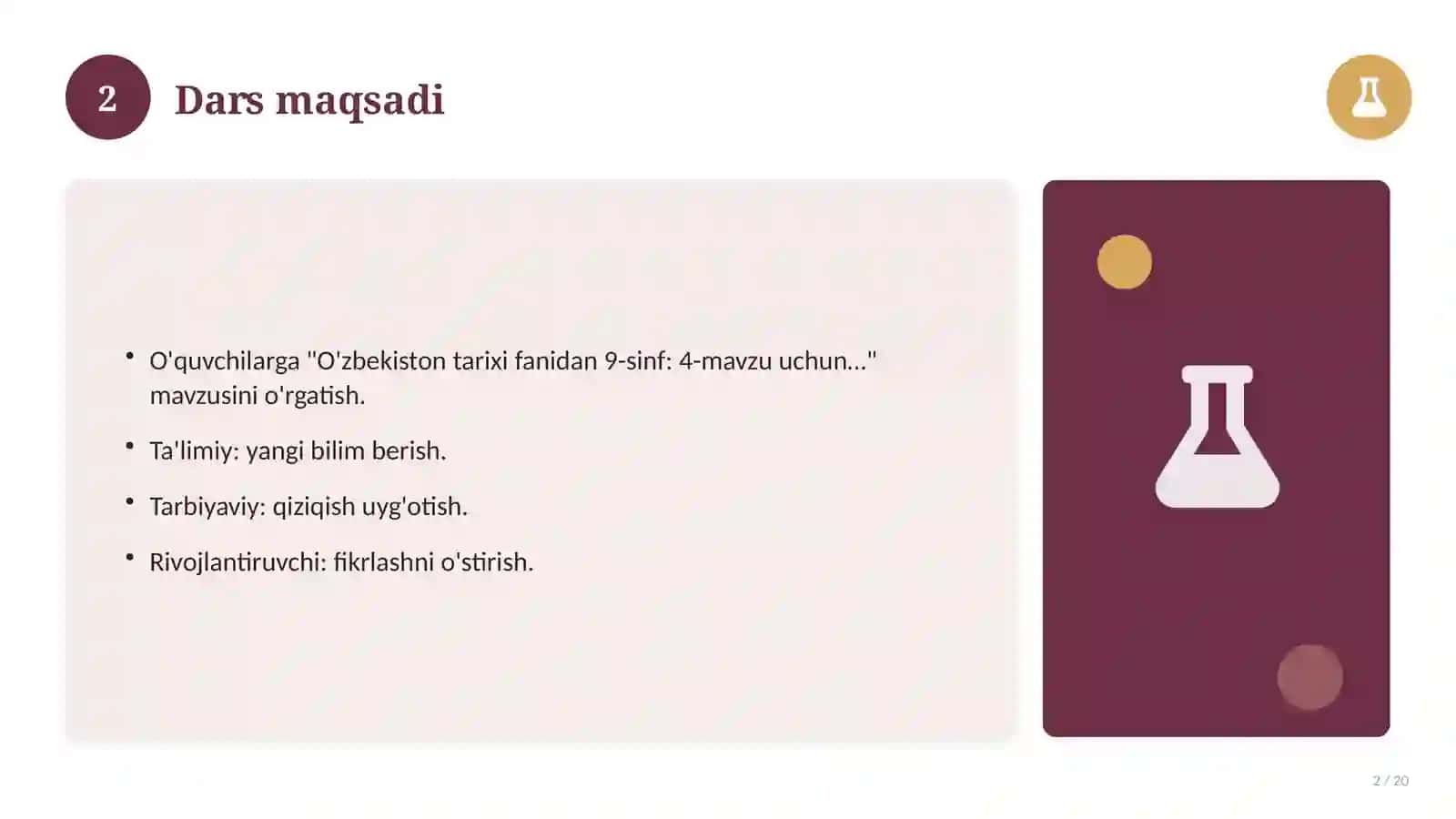 O'zbekiston tarixi fanidan 9-sinf: 4-mavzu uchun batafsil dars ishlanmasi 2