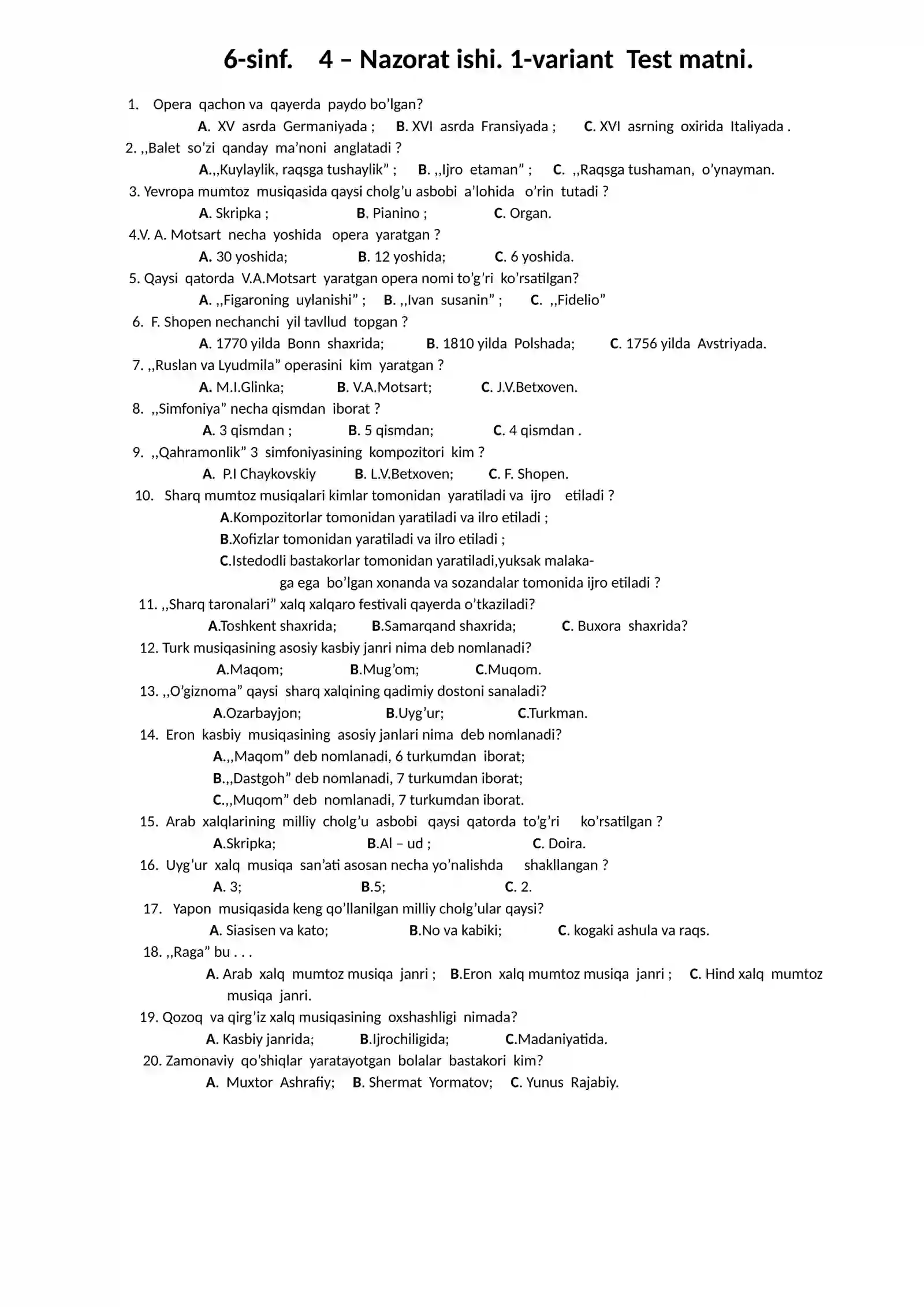 6-SINF. 3-nazorat ishi. 1-variant Test matni 2