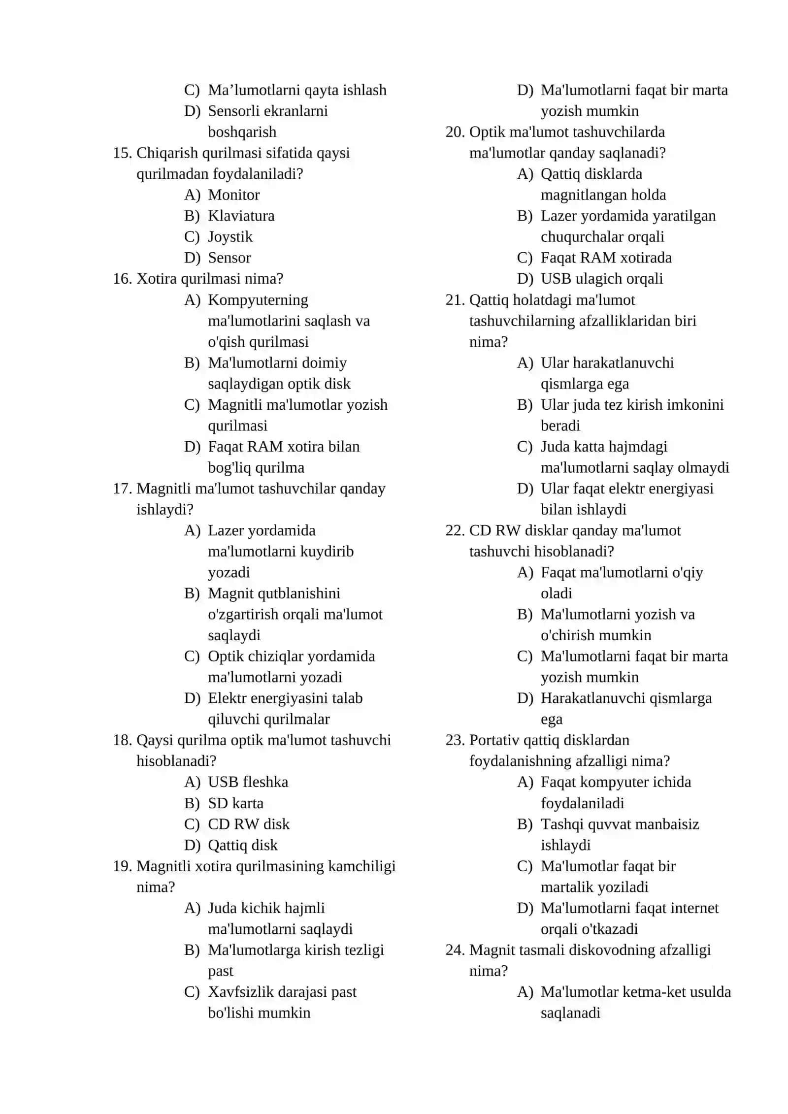 9-sinf Informatika cembridj yangi darslikdan bo’yicha test savol va javoblar 2