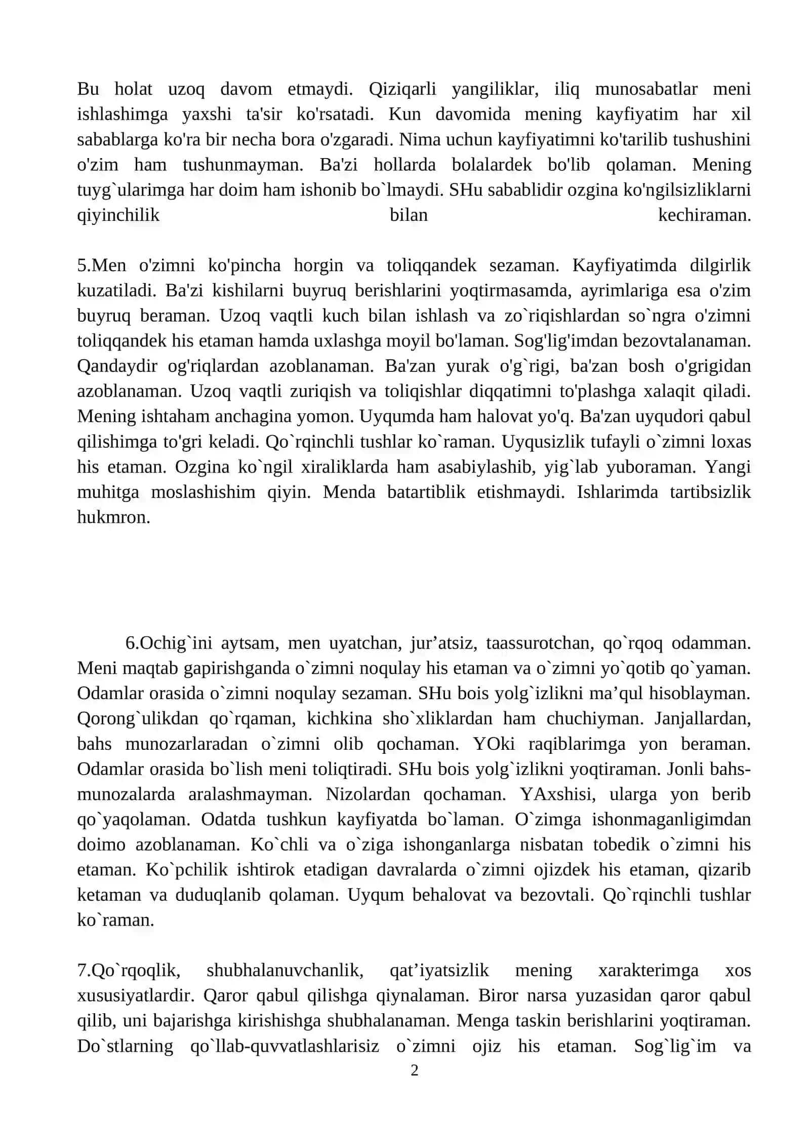 XARAKTER AKSENTUATSIYASINI BAHOLASH TESTI 2