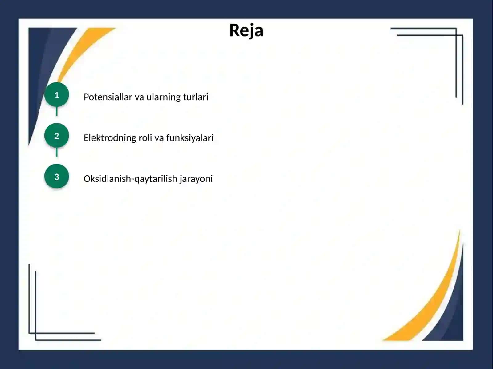 Potensiallar hosil bo'lishi. Elektrod, oksidlanish- qaytarilish, membrana, diffuziya potensiallari. 2