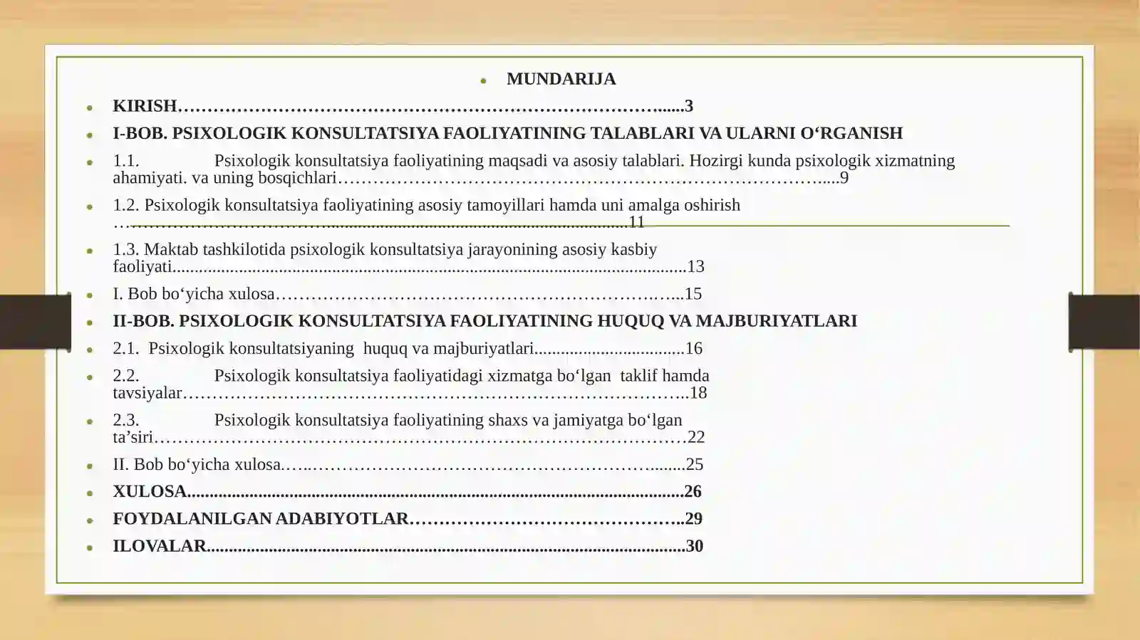 Ijtimoiy fanlar fakulteti Psixologiya (Amaliy psixologiya) t’lim yo‘nalishi 4-bosqich 222-guruh talabasi Bazarova Ruzigulning “Ta’lim muassasalarida psixologik xizmat” fanidankursi shibo‘yicha tayyorlagan taqdimoti 2