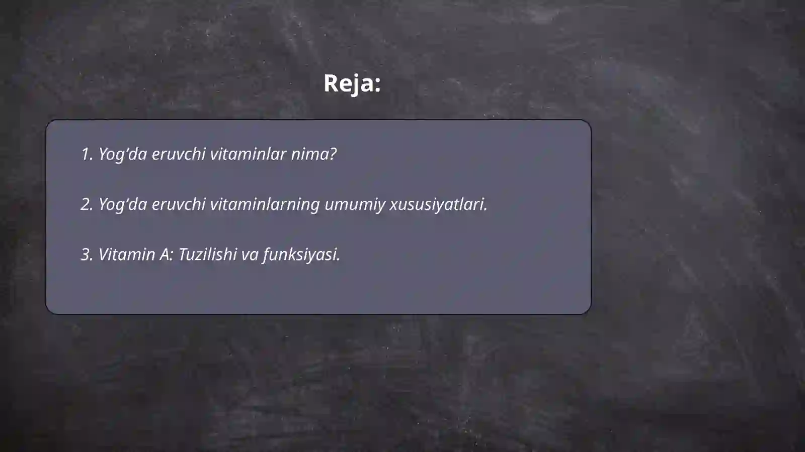Vitaminlar. Yogʻda eruvchi vitaminlar. Tuzilishi va funksiyasi. Shermatova Mulkiya 2