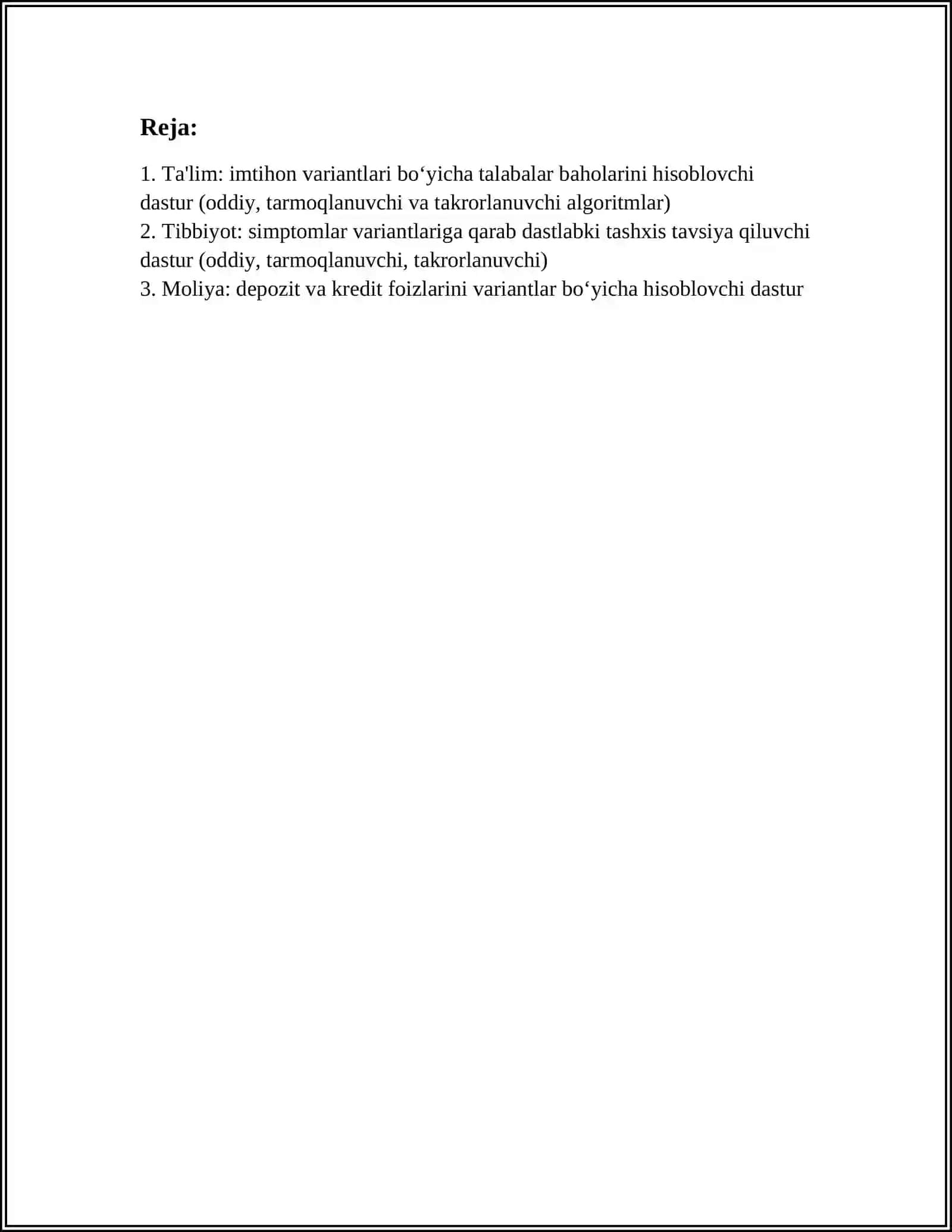 ODDIY, TARMOQLANUVCHI VA TAKRORLANUVCHI ALGORITMLARGA SOHA BO‘YICHA BERILGAN VARIANTLARNI ISHLATGAN XOLDA DASTURLAR YARATISH 2