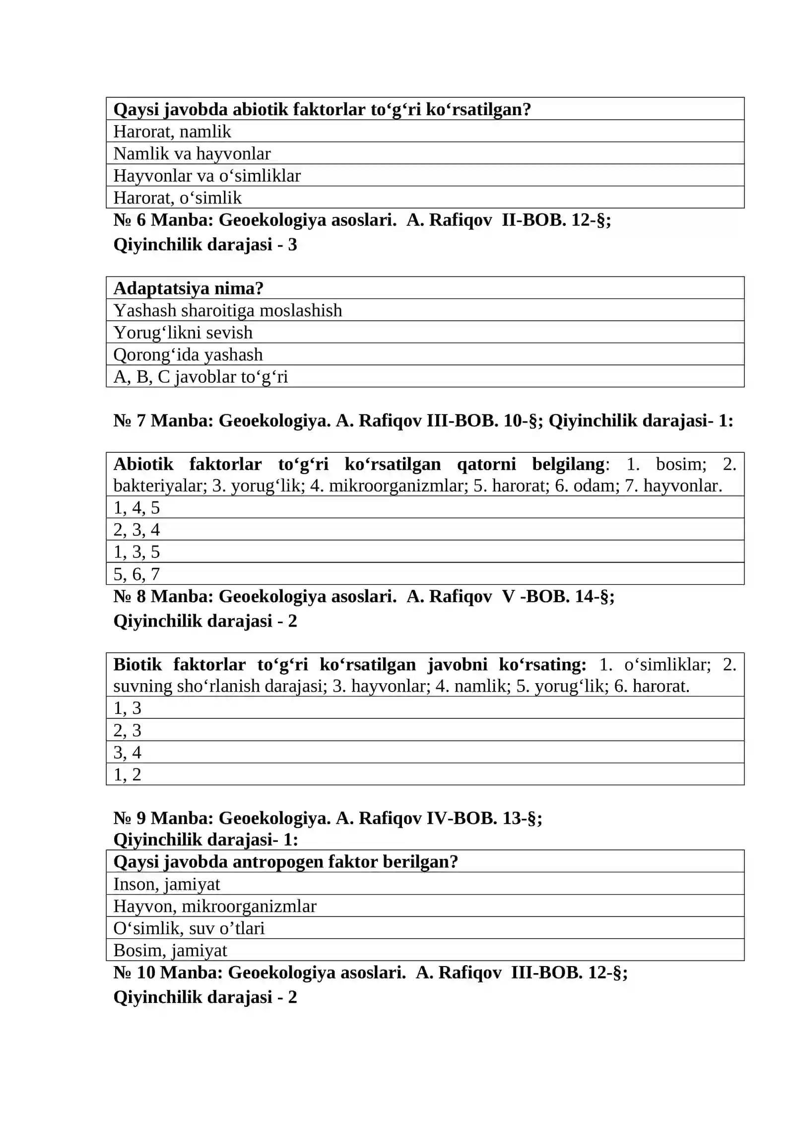 Geoekologiya fanidan test savollari 2