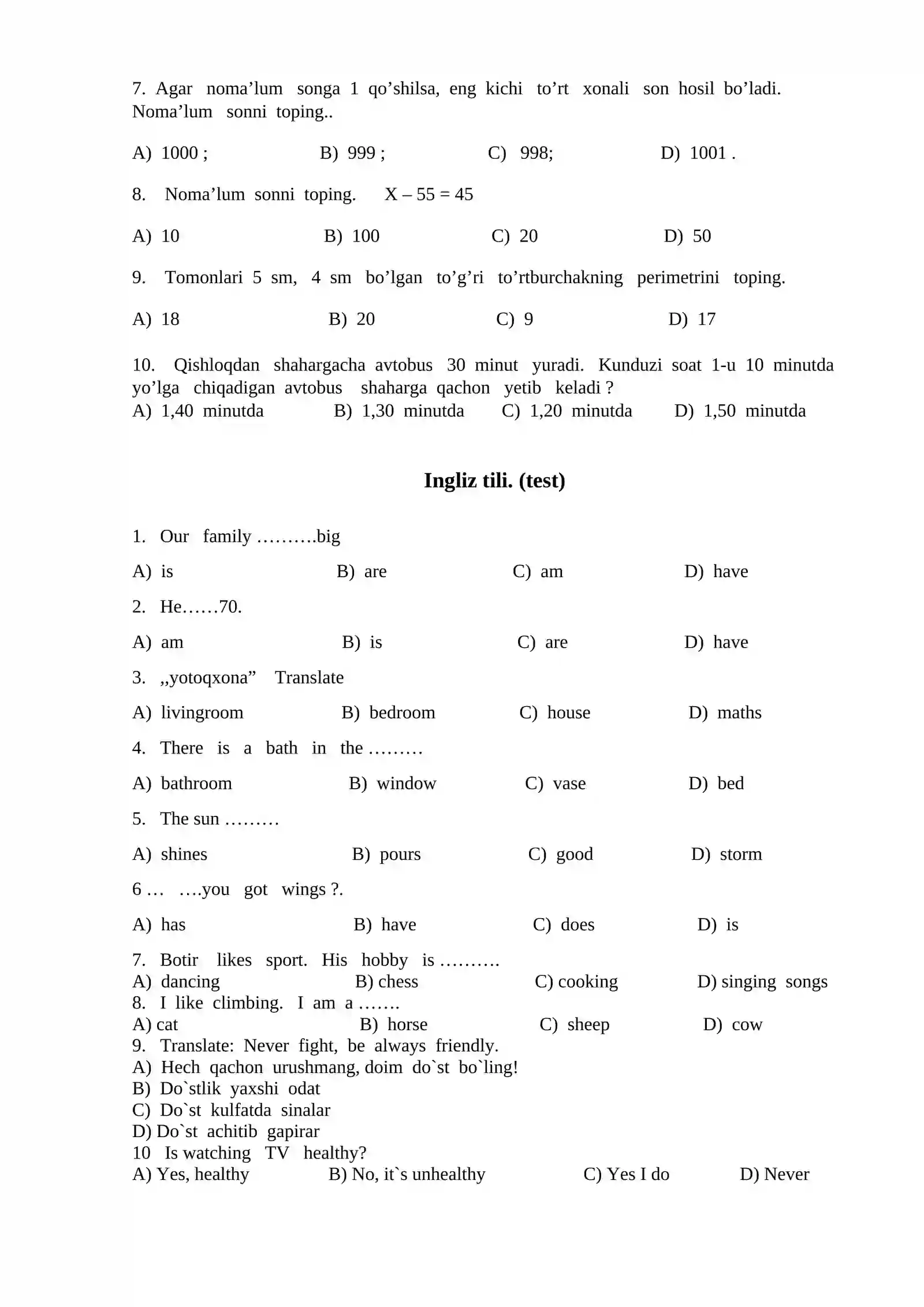 3-sinf. 3-sinf Ona tili va oqish Matematika Xorijiy til Blok test 2