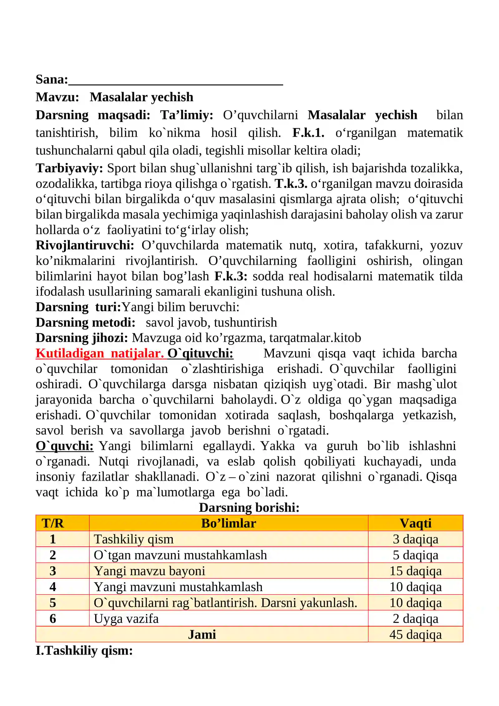 Masalalar yechish mavzusida 3-sinf Matematika fanidan dars ishlanmasi 2