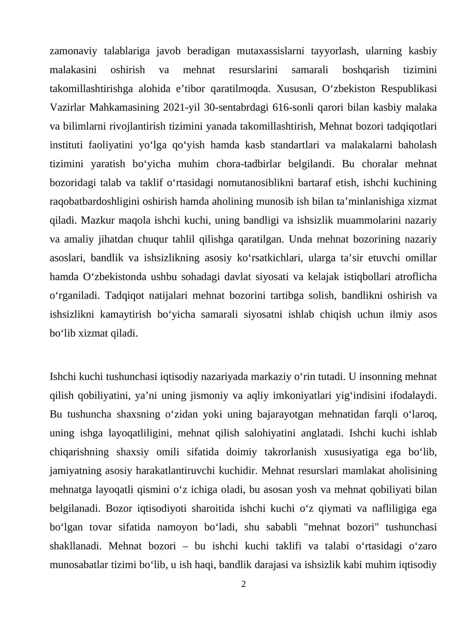 O'zbekistonda ishchi kuchi, uning bandligi va ishsizlik tahlili 2