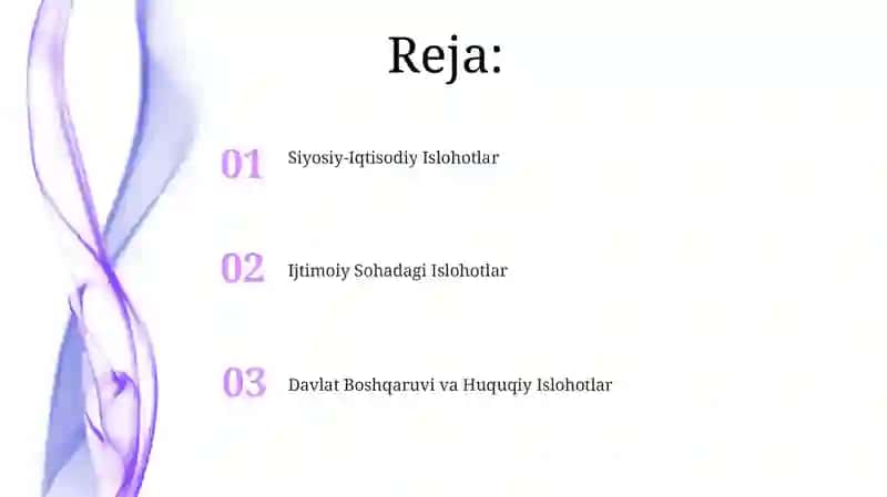 Prezident Sh.Mirziyoyev rahbarligi va tashabbusi ostida amalga oshirilayotgan islohotlar 2