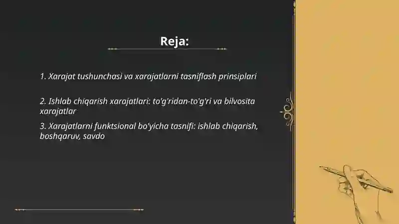 Xarajatlarni turkumlash va ularning hisobi 2