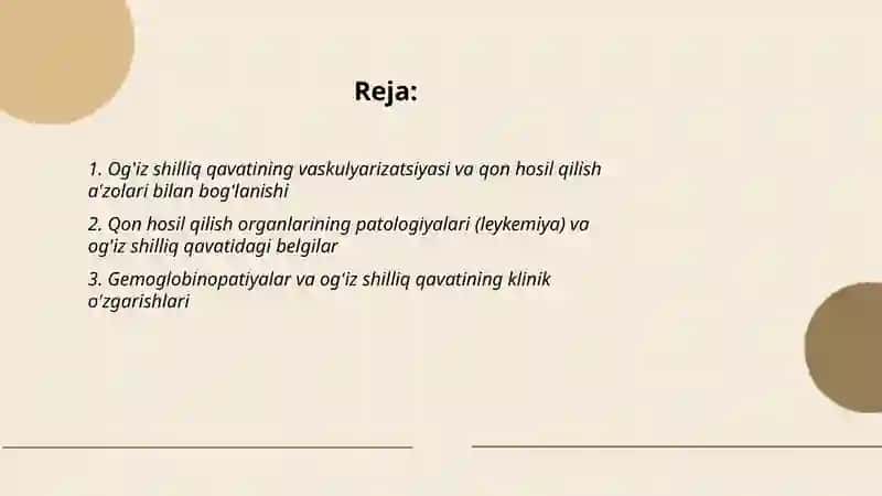 Qon hosil qilish a'zolari bilan og'iz bo'shlig'i shilliq qavatining bog'liqligi 2