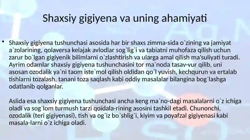 Kiyim boshlar va oyoq kiyimlar gigiyenasi . Kundalik turmushda foydalaniladigan sintetik polimer materiallardan tayyorlangan uy – ro`zg`or buyumlari , bog`lov materiallari , idishlarni qo`llash gigiyenasi 2