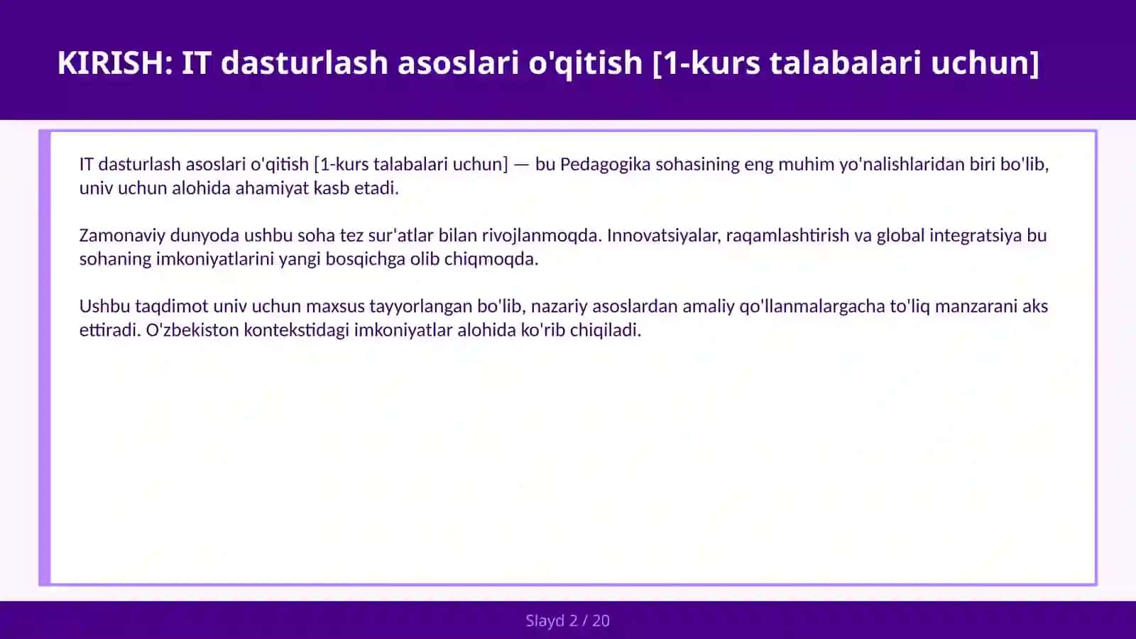 IT dasturlash asoslari o'qitish [1-kurs talabalari uchun] 2
