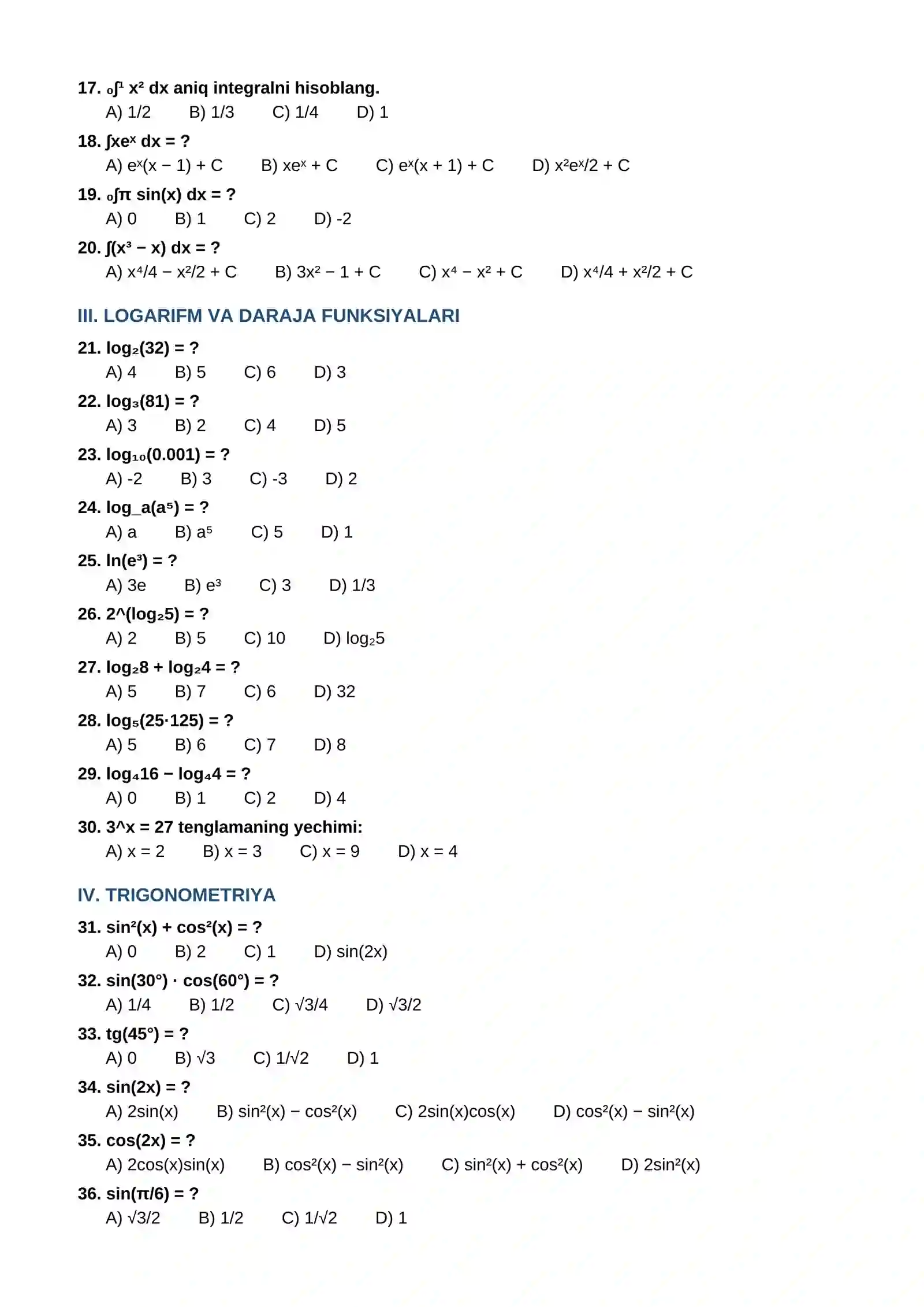 11-SINF MATEMATIKA FANIDAN TEST VARIANTLARI (100 ta savol) 2