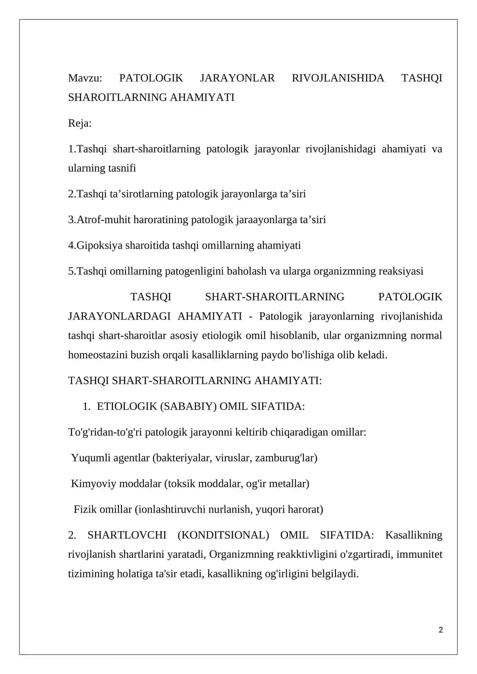 PATOLOGIK JARAYONLAR RIVOJLANISHIDA TASHQI SHAROITLARNING AHAMIYATI 2