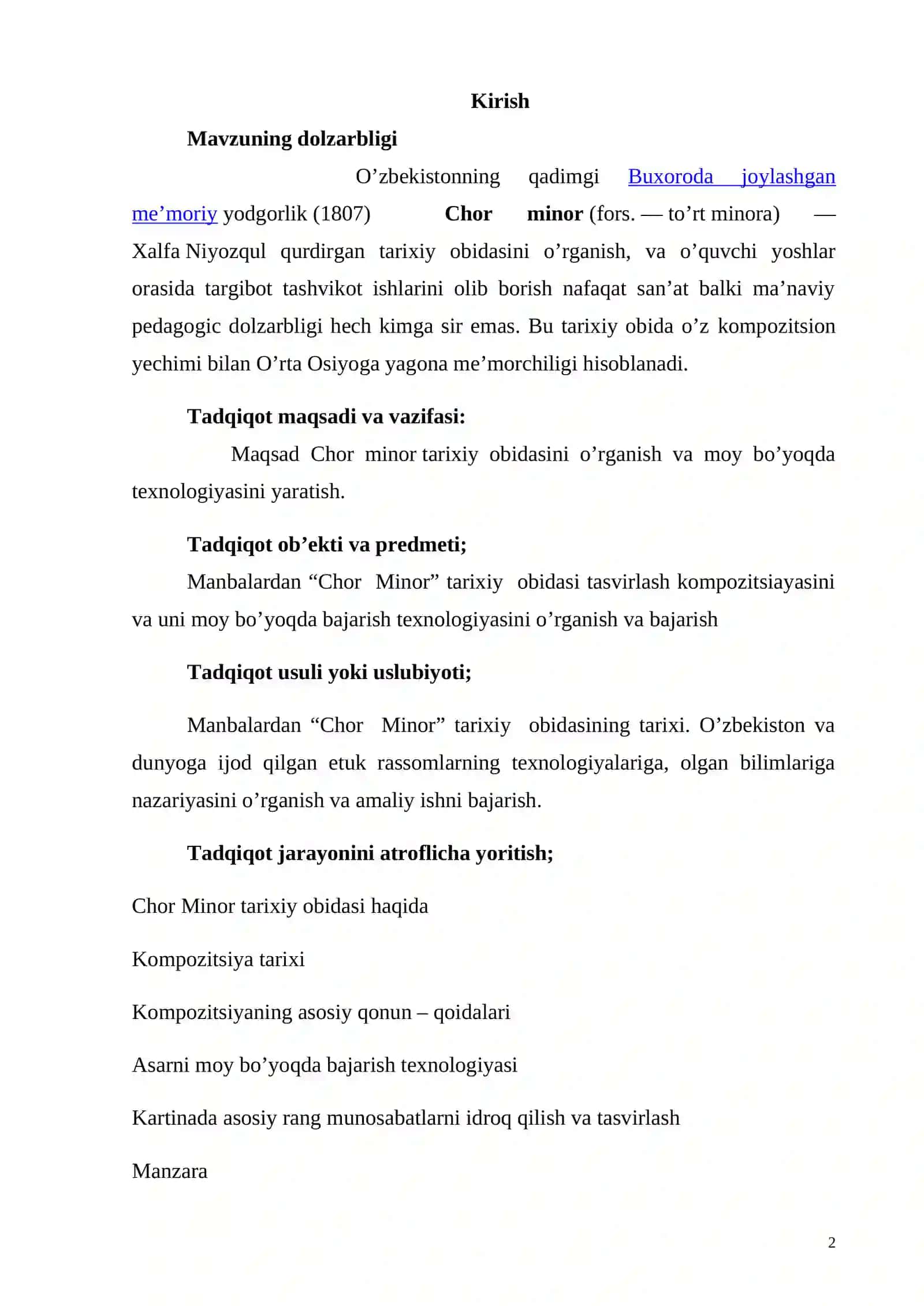 Chor-Minor tarixiy obidasini tasvirlash kompozitsiyasi. (moybo’yoqda). BMI 2