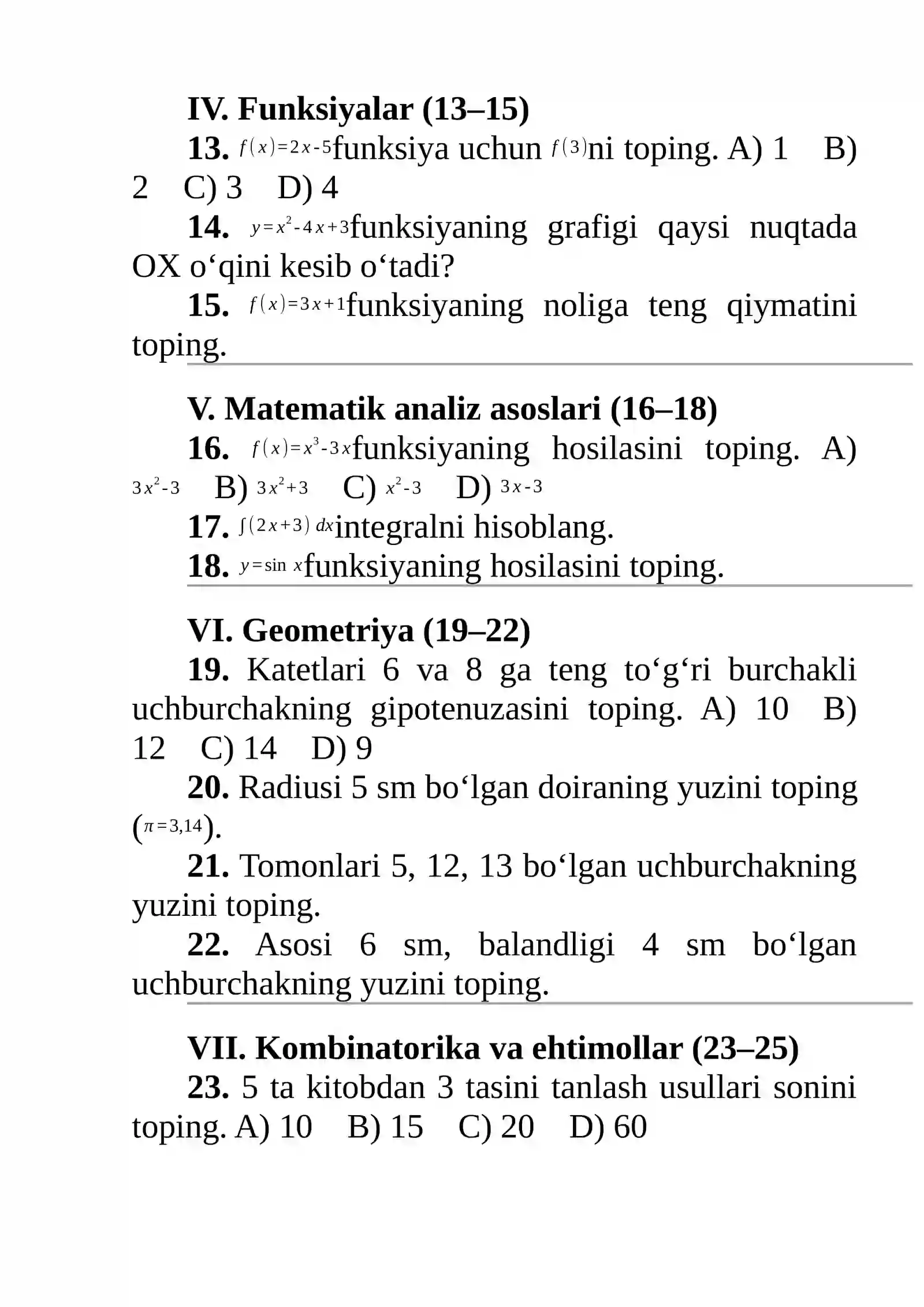 Matematika Milliy Sertifikat — MOCK TEST (Namunaviy variant) 2