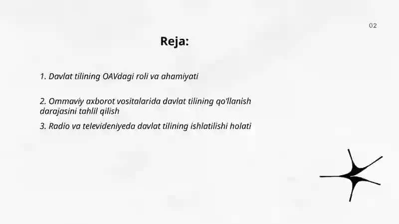 Davlat tilining OAV dagi ahamiyati,omma orasida qõllanishi darajasi,ish yuritadigan õrnini tahlil qilish 2