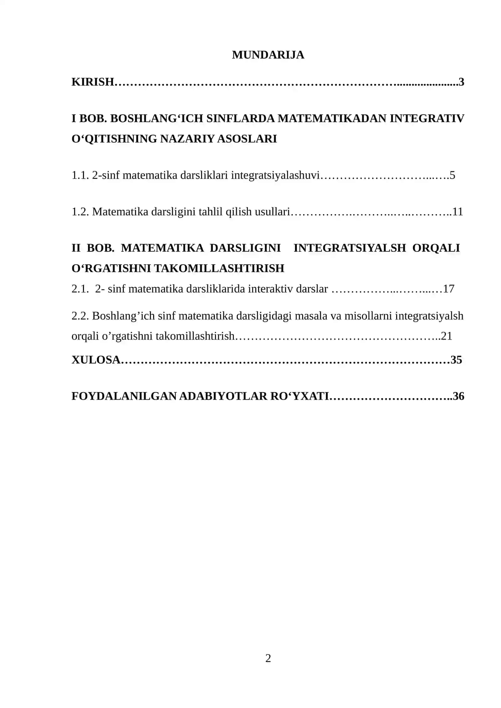Boshlang‘ich sinflarda matematikadan integrativ o‘qitish samaradorligini oshirish omil sifatida KURS ISHI 2