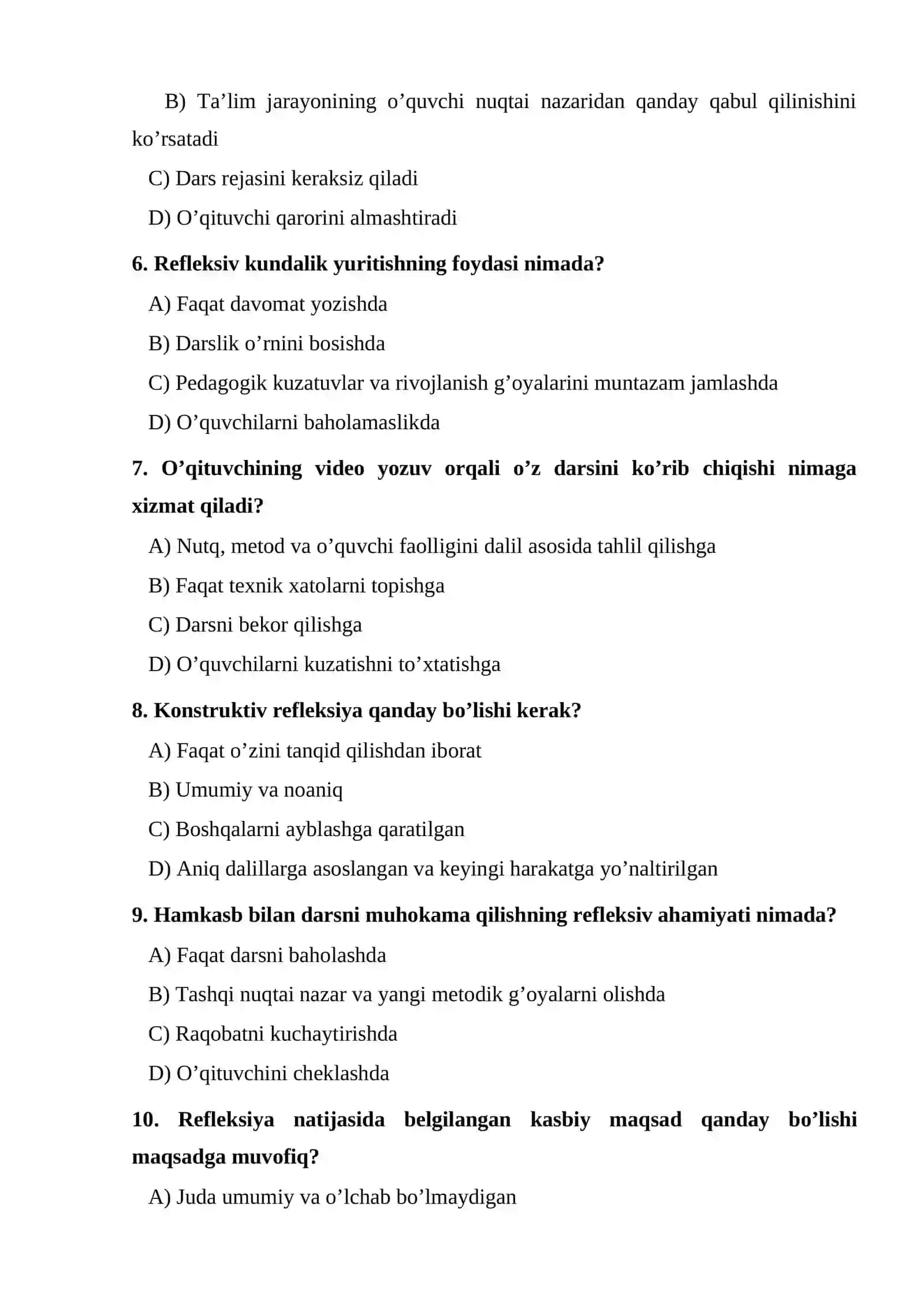 O’qituvchining pedagogik refleksiyasi va kasbiy rivojlanishdagi o’rni TEST. 2