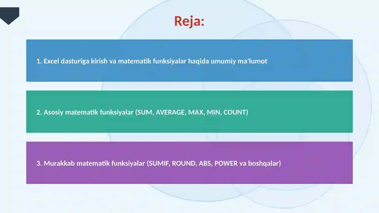 EXCEL DASTURIDA MATEMATIK FUNKSIYALAR BILAN ISHLASH 2