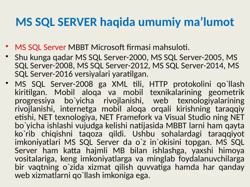MS SQL SERVER МББТ да ишлаш 2