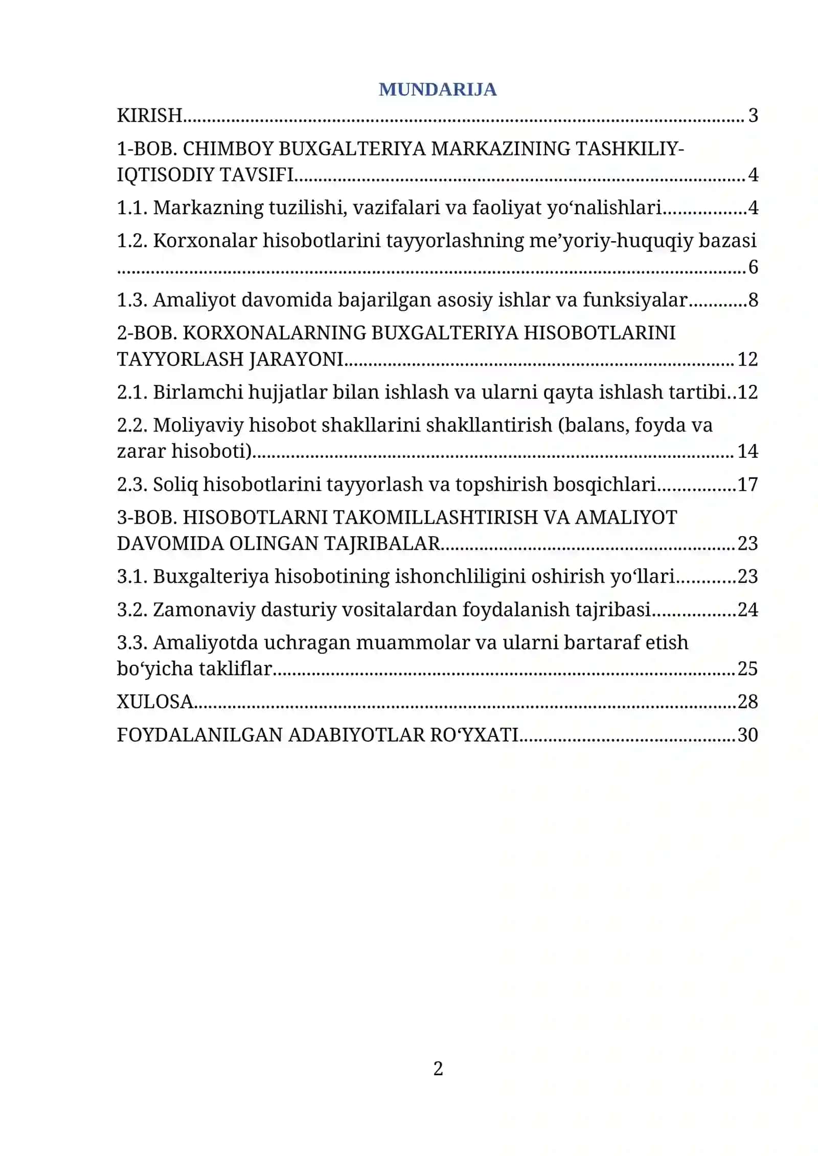 Chimboy Buxgalteriya markazi boyicha amaliyot hisoboti. 2