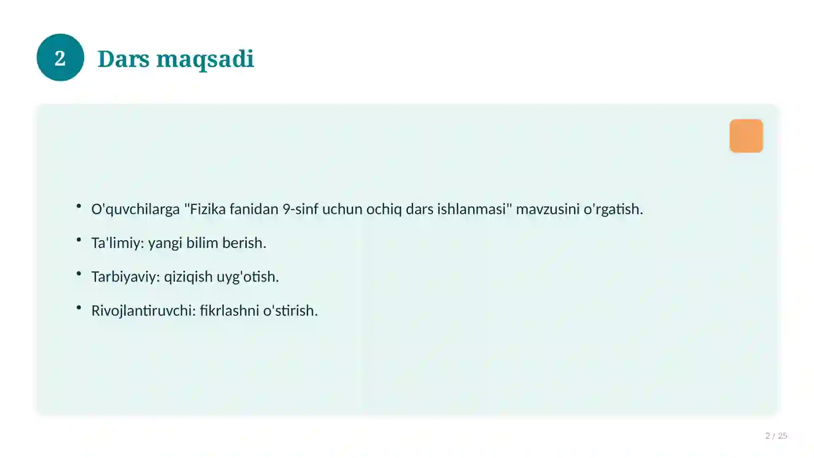 Fizika fanidan 9-sinf uchun ochiq dars ishlanmasi 2