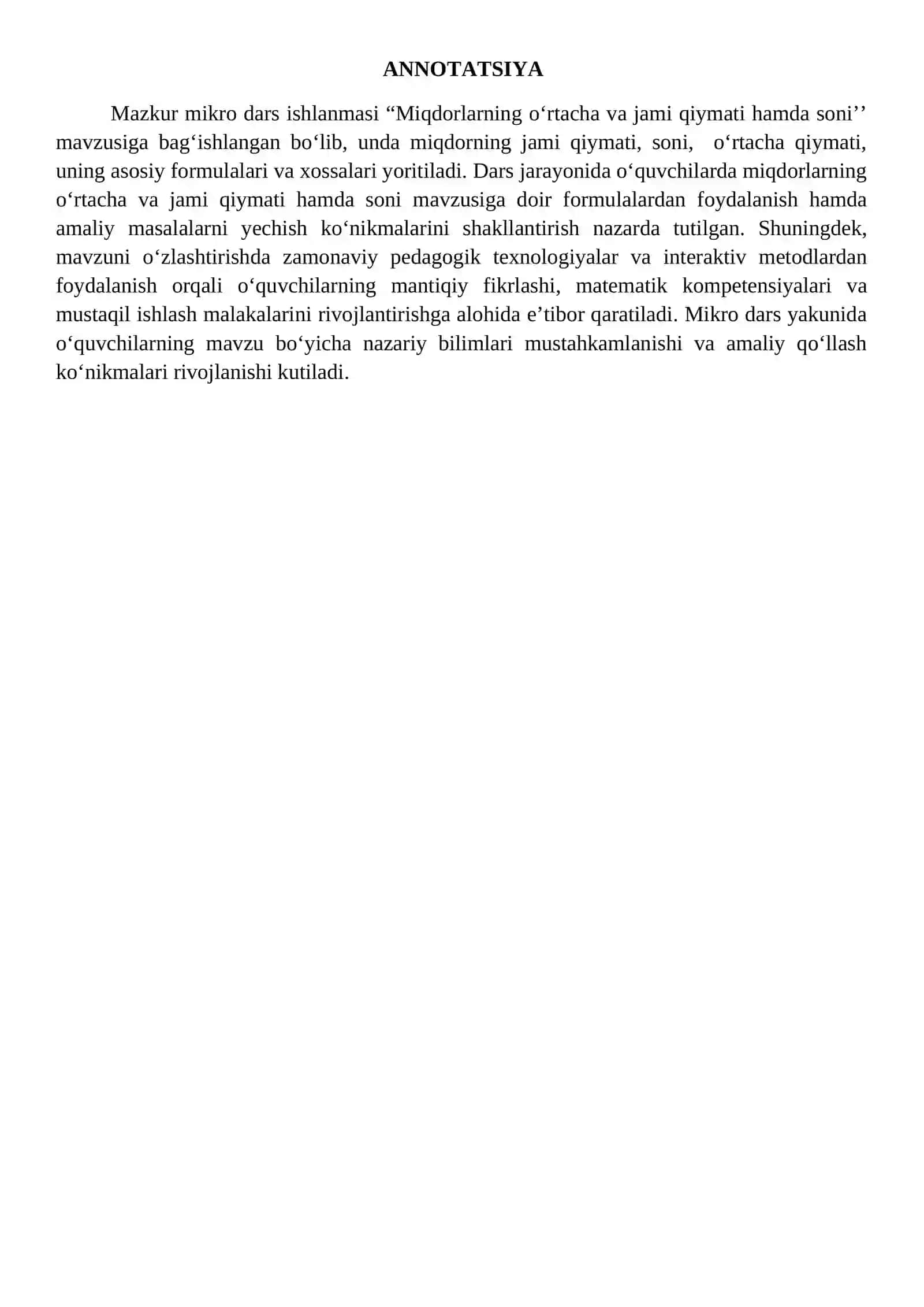 Miqdorlarning o'rtacha va jami qiymati hamda soni (5-sinf matematika) 2