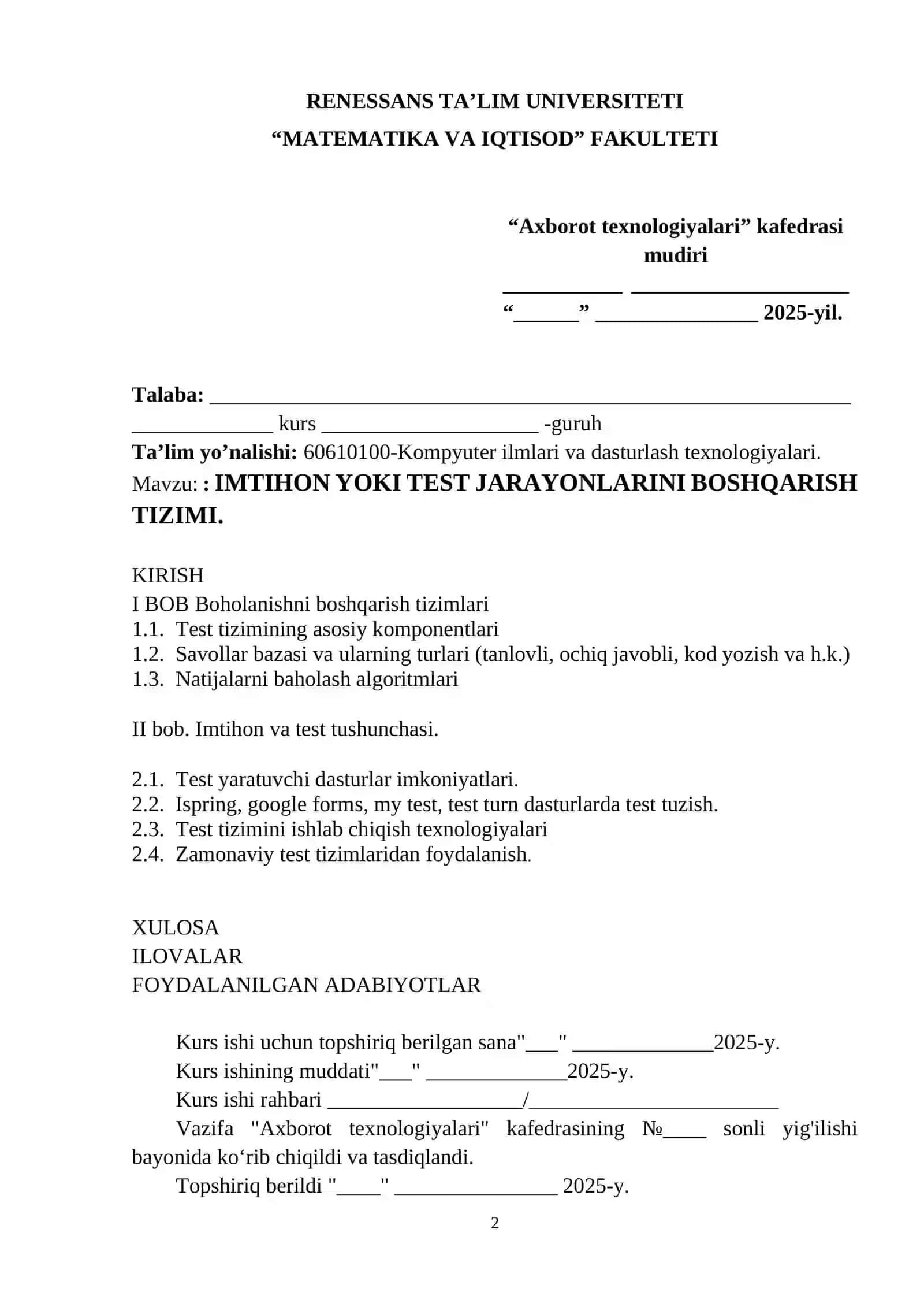 IMTIHON YOKI TEST JARAYONLARINI BOSHQARISH TIZIMI 2