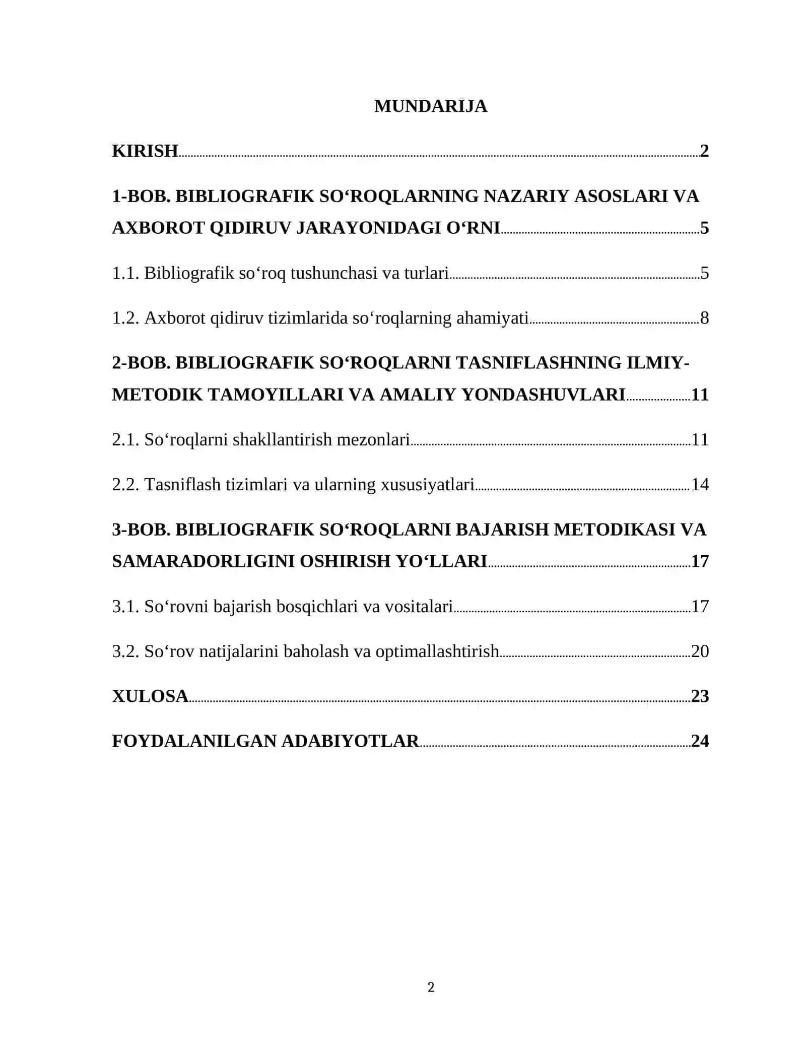 KURS ISHI "BIBLIOGRAFIK SOʻROQLAR KLASSIFIKATSIYASI. SOʻROQLARNI BAJARISH METODIKASI" 2