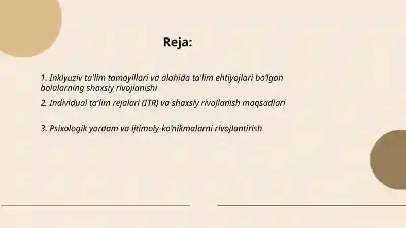Inklyuziv ta'limni amalga oshirish jarayoni alohida ta'lim ehtiyojlari bòlgan bolalarning shaxsini rivojlanishining xususiyatlari 2