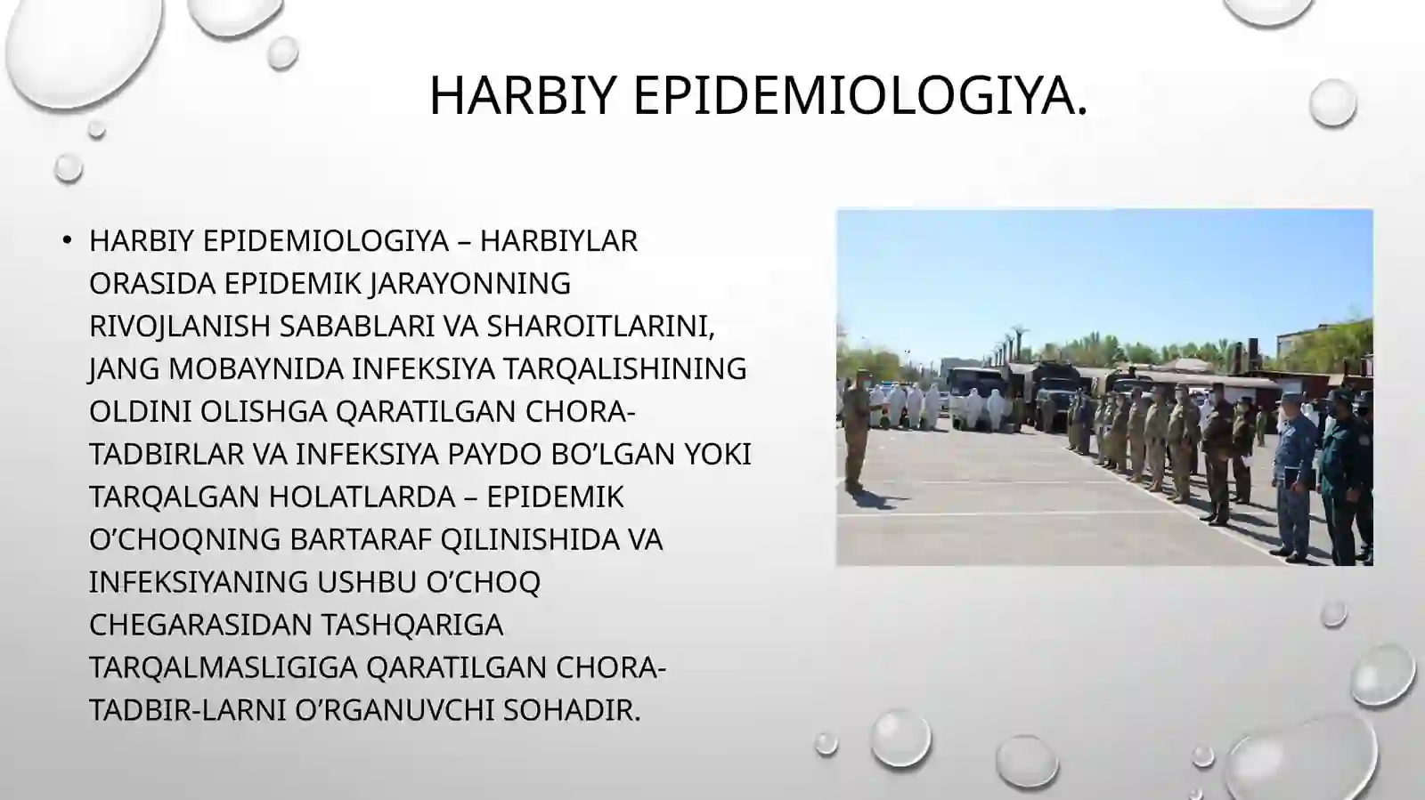 Harbiy epidemiologiya moduli haqida. Qo’shinlarda epidemik jarayonni rivojlanish mexanizmi. Bakteriologik (Biologik) qurol. Bakteriologik qurolga ta’rif. Sanitariya epidemiologik razvetka. Bakteriologik razvetka. 2