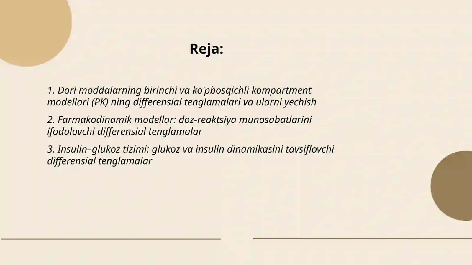 Dori moddalarning birinchi va ko'pbosqichli kompartment modellari (PK) ning differensial tenglamalari va ularni yechish 2