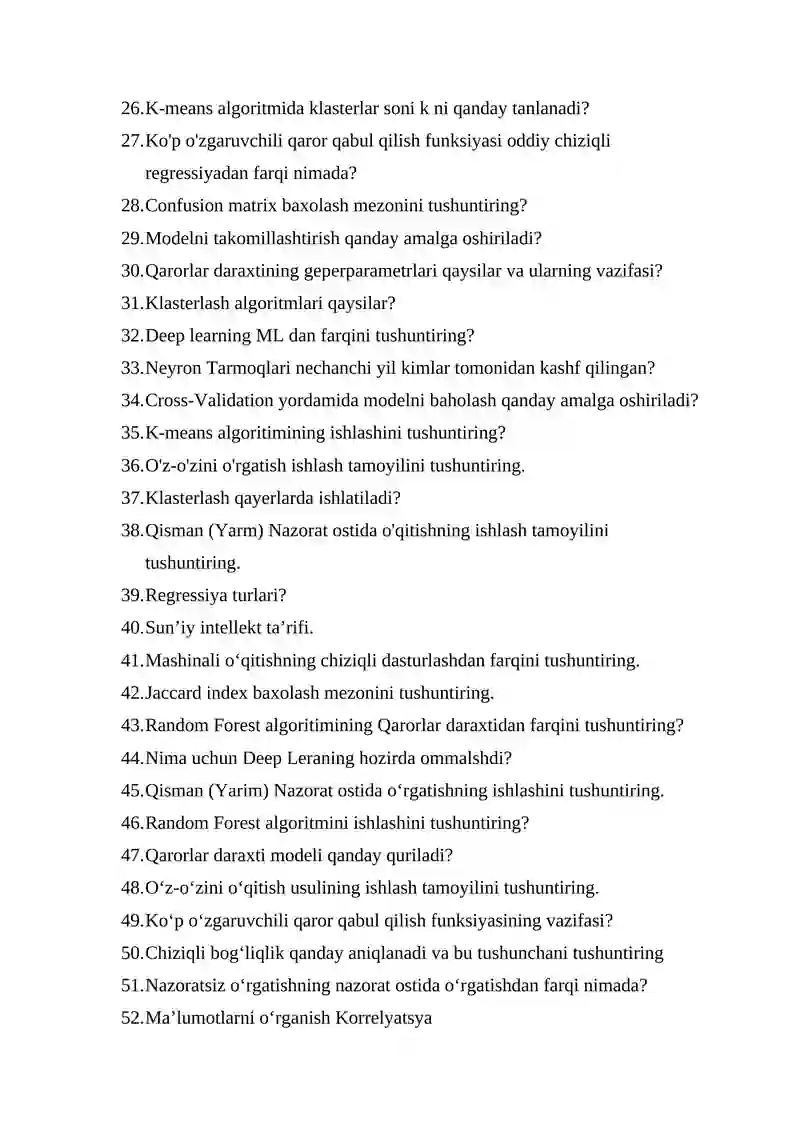 Suniy intellekt va neyron to‘rli texnologiyalari fanidan bilet savollari 2