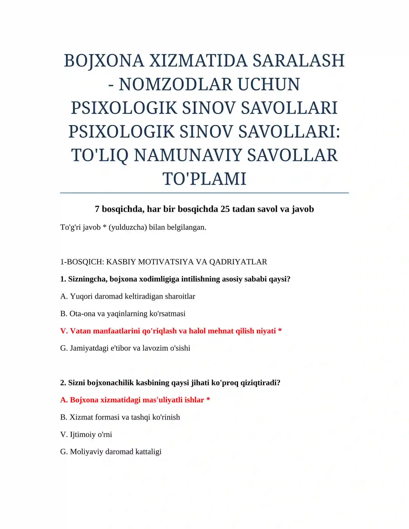 PSIXOLOGIK SINOV SAVOLLARI 2