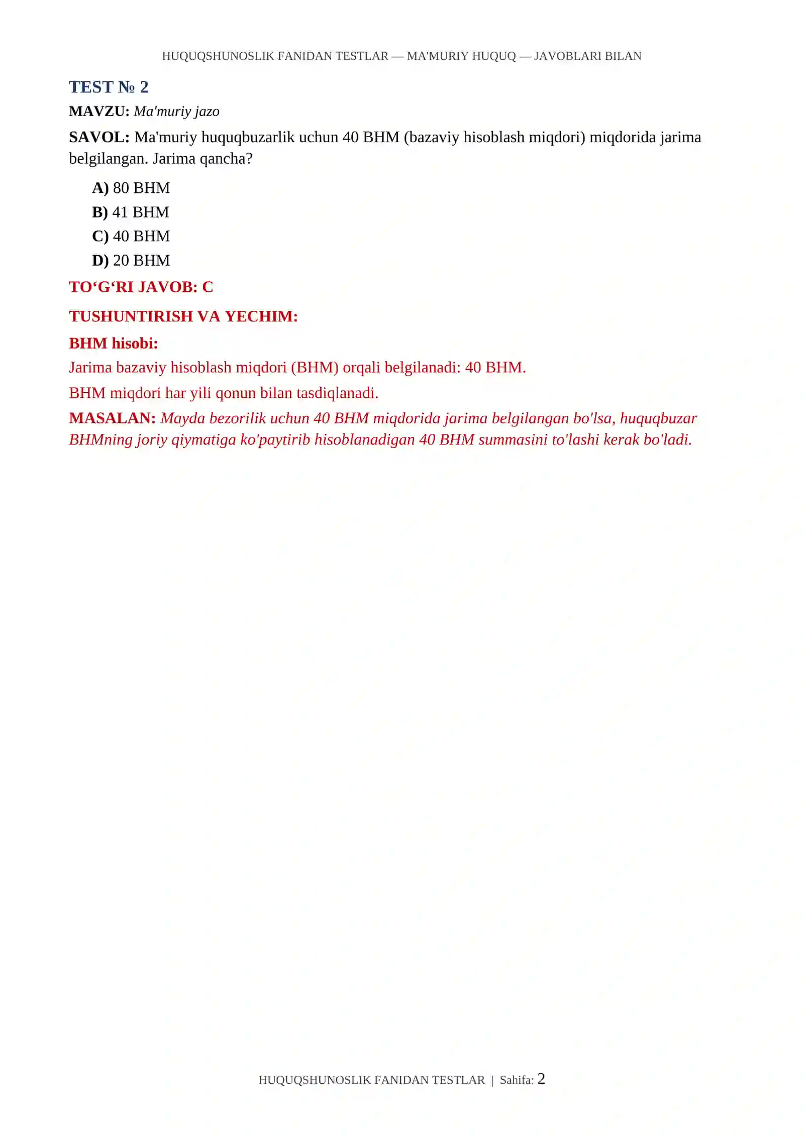 HUQUQSHUNOSLIK FANIDAN TESTLAR — MA'MURIY HUQUQ — JAVOBLARI BILAN 2