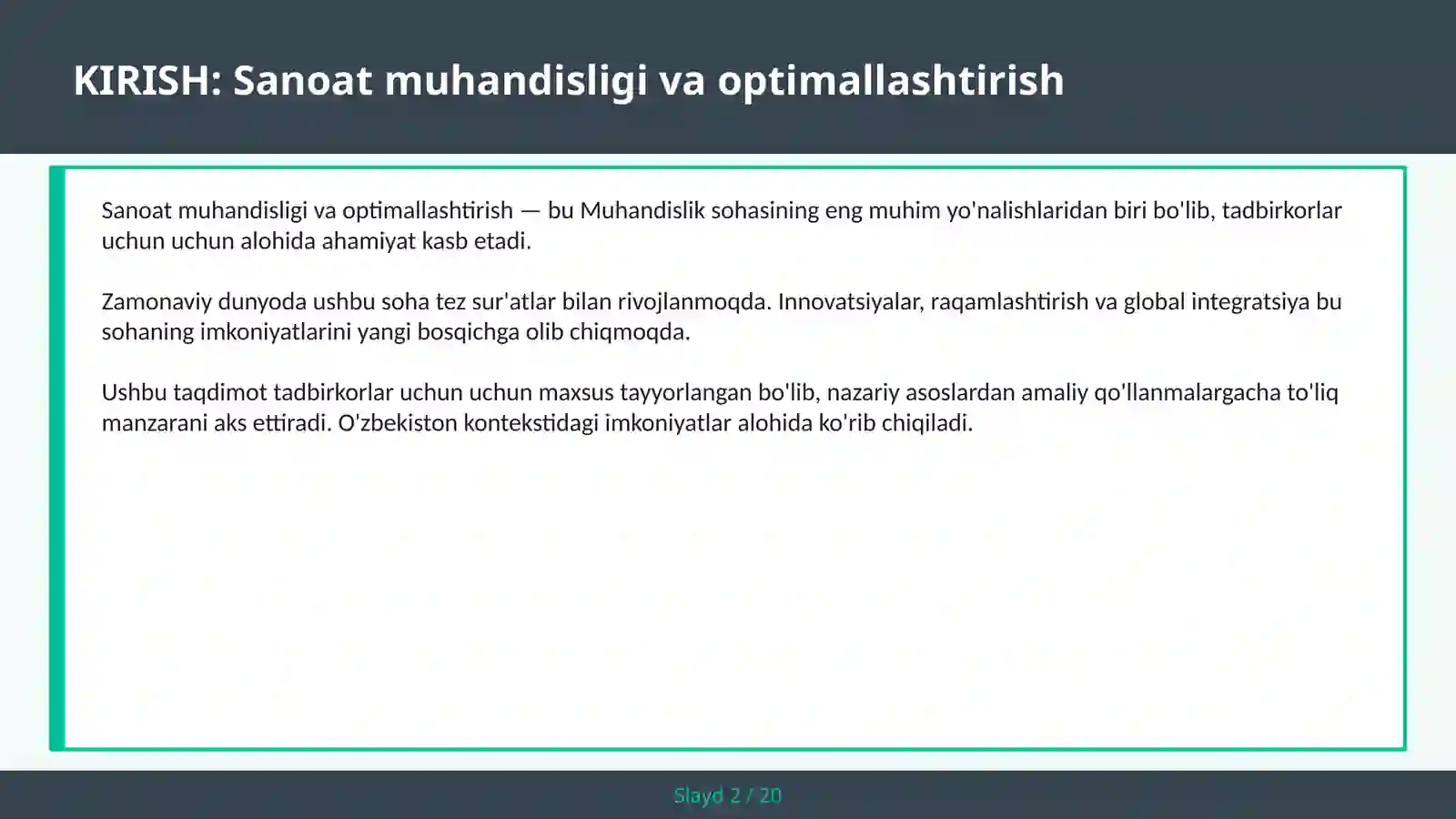 SANOAT MUHANDISLIGI VA OPTIMALLASHTIRISH 2