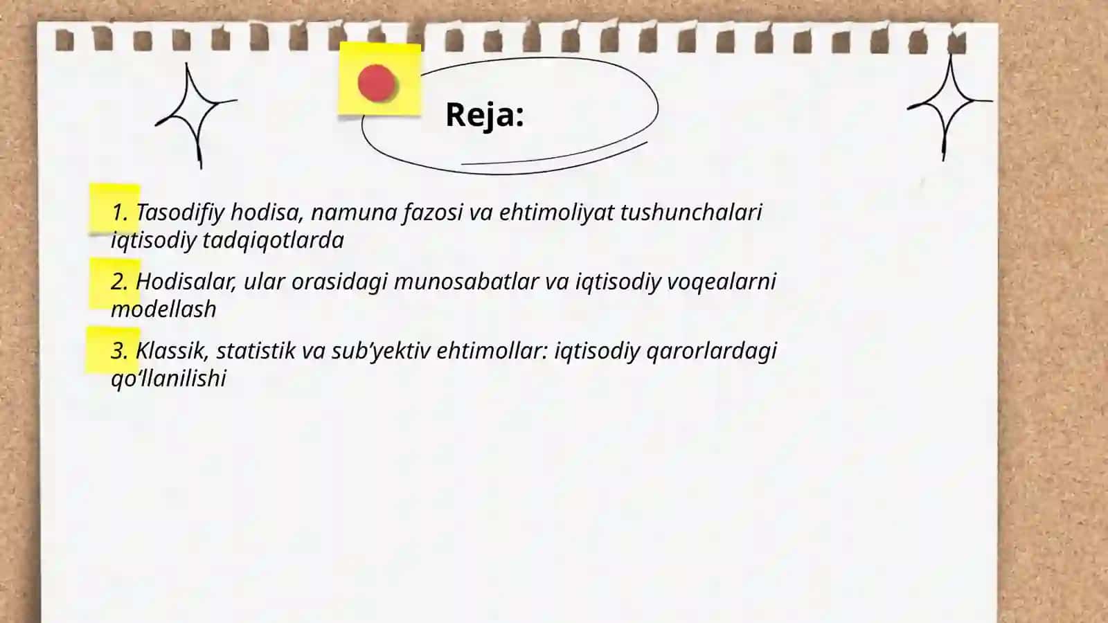 Ehtimollar nazariyasining asosiy tushunchalari va kombinatorika asoslari iqtisodiy tadbigi 2