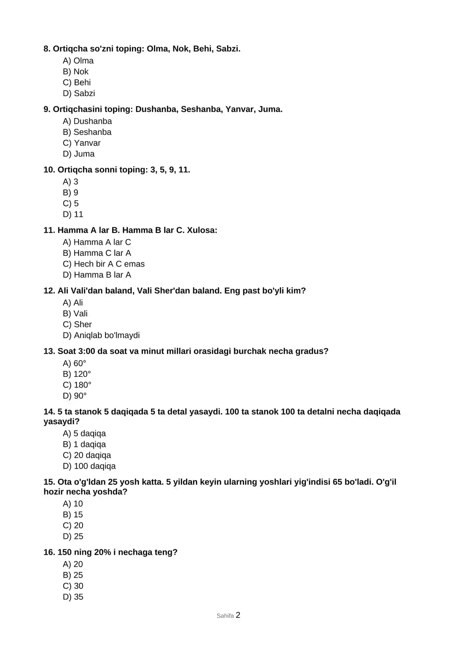 IQ test: 20 ta savol va javoblar 2