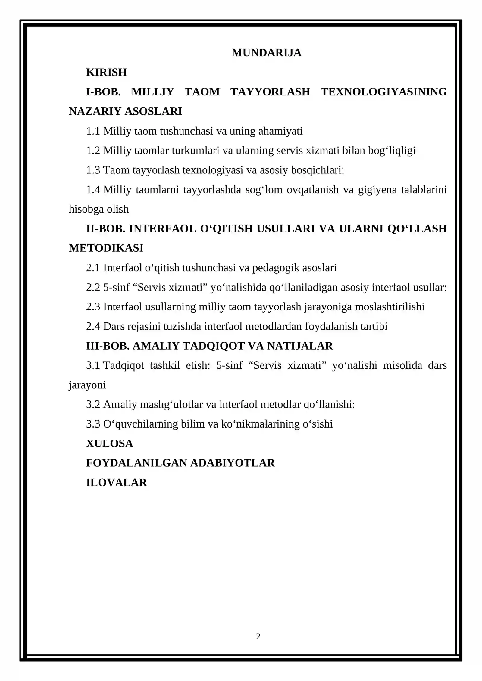 “Milliy taom tayyorlash texnologiyasi” mavzusini interfaol usullardan foydalanib o‘qitish metodikasi 2