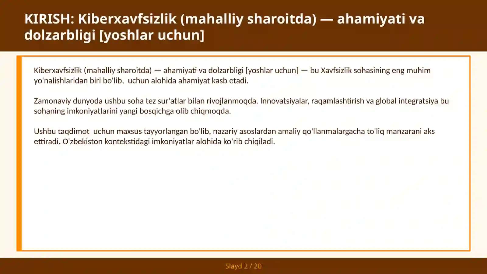 KIBERXAVFSIZLIK (MAHALLIY SHAROITDA) — AHAMIYATI VA DOLZARBLIGI [YOSHLAR UCHUN] 2