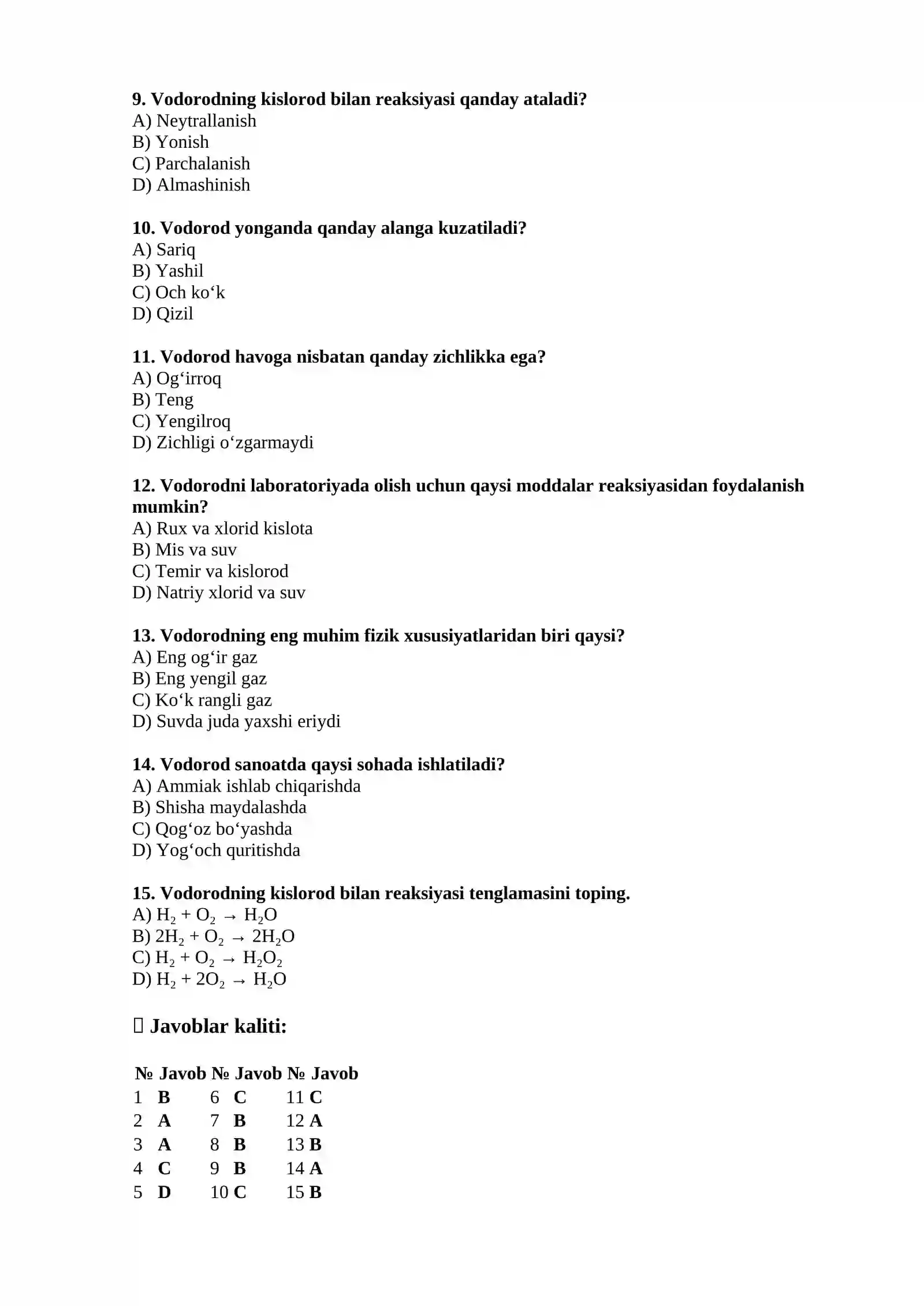 Vodorod mavzusiga 15 talik test 2