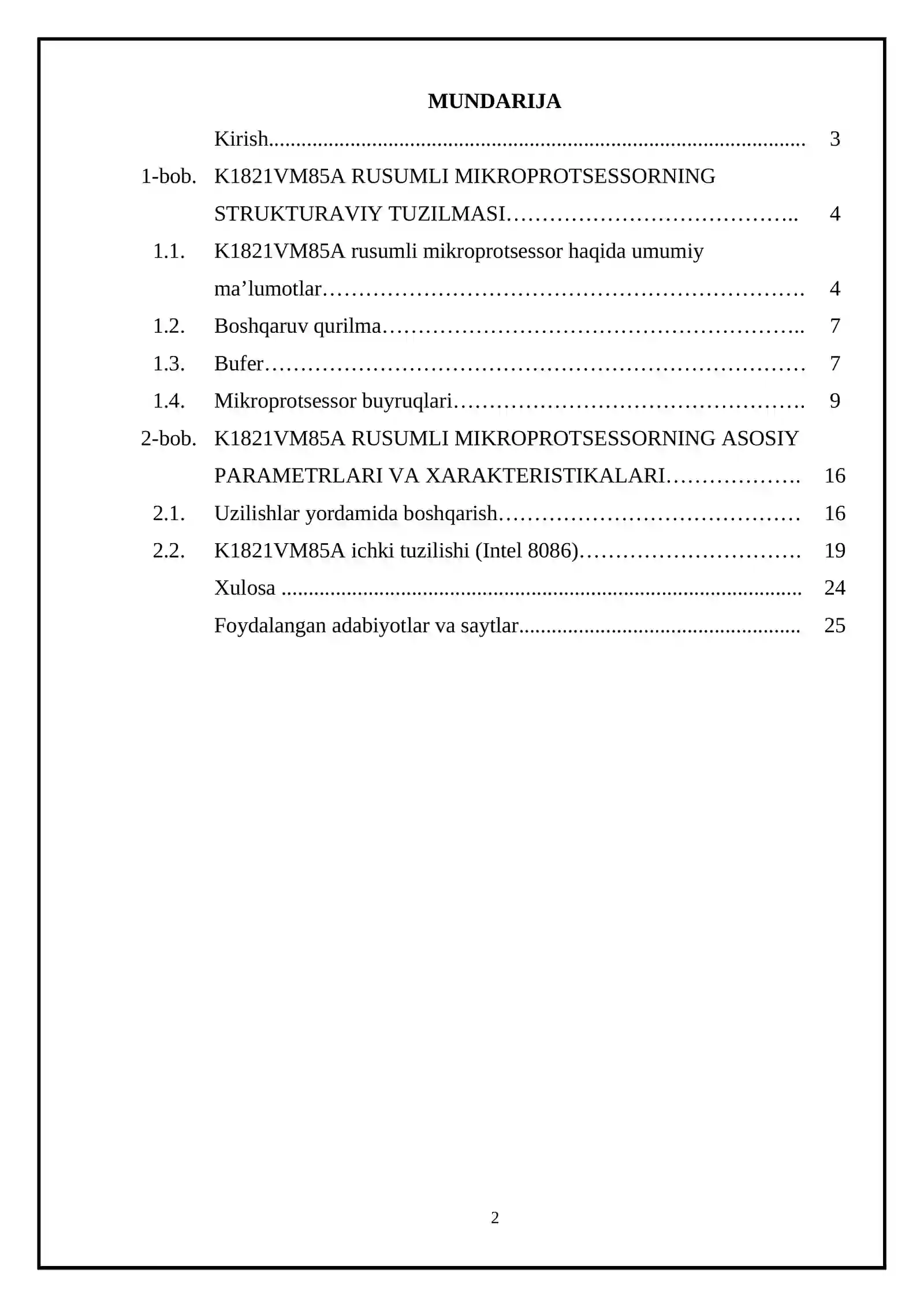 K1821VM85A rusumli mikroprotsessorning strukturaviy tuzilmasi, uning asosiy parametrlari va xarakteristikalari 2
