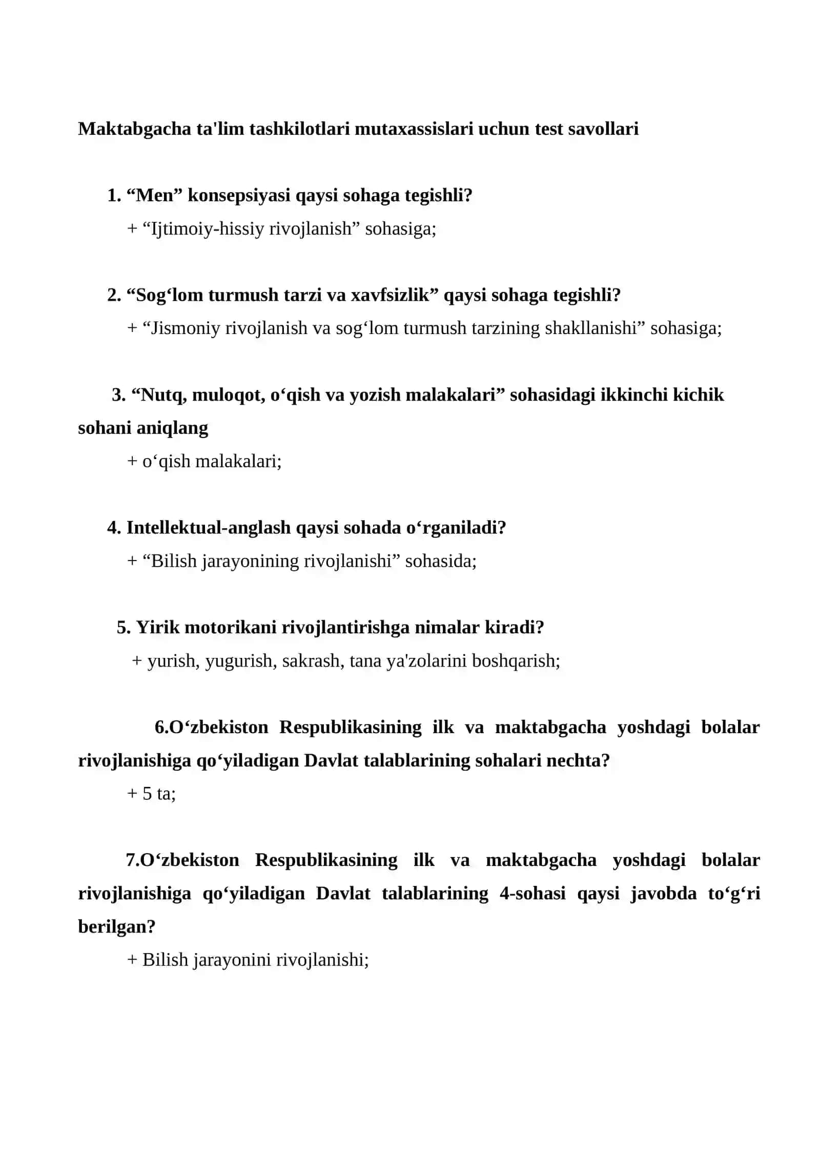 Maktabgacha ta'lim tashkilotlari mutaxassislari uchun test savollari 2