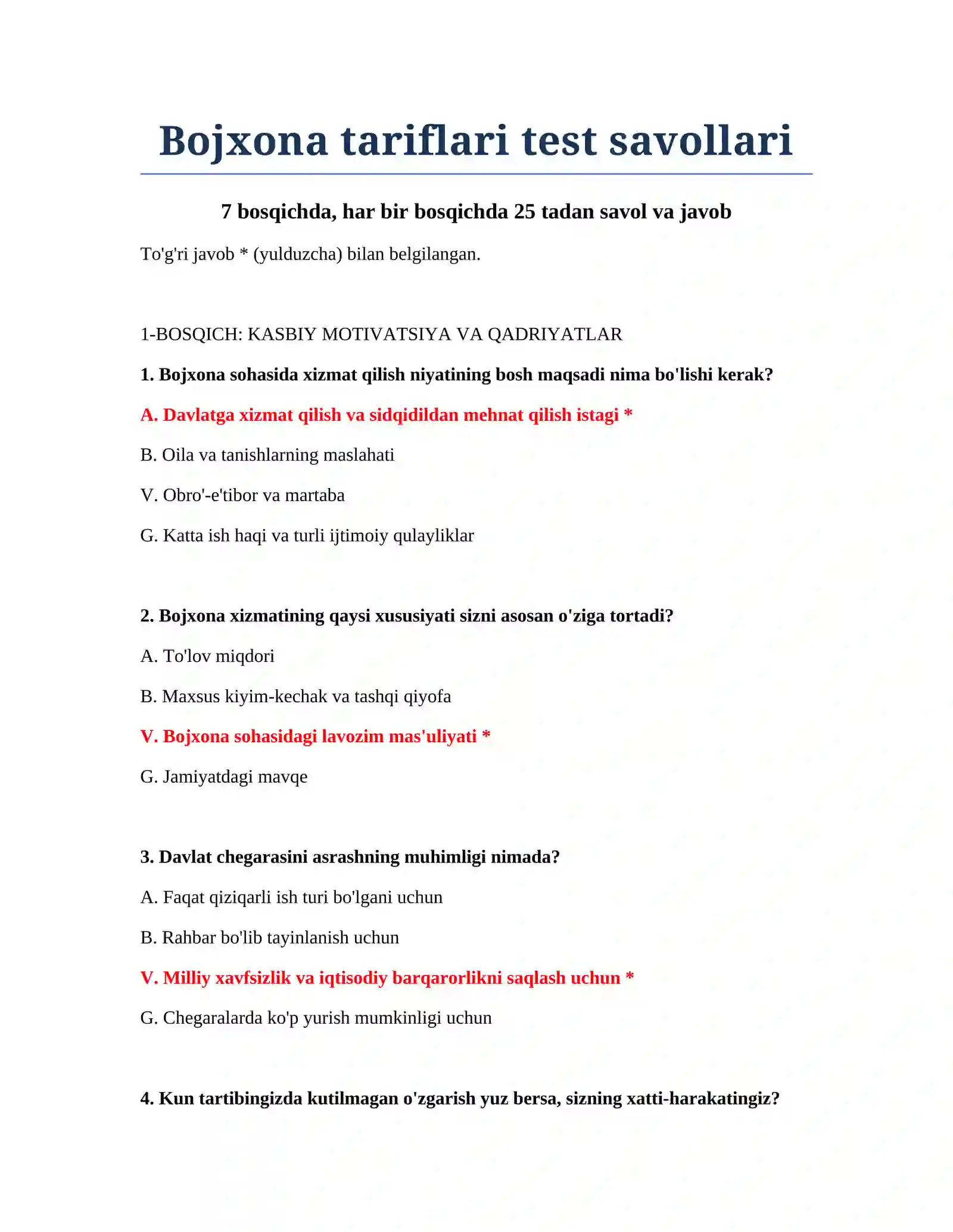 Bojxona tariflari test savollari 2