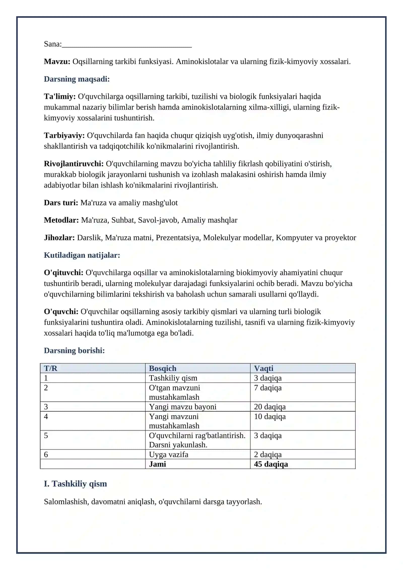Lesson on Oqsillarning tarkibi funksiyasi.Aminokislotalar ularning fizik-kimyoviy xossalari. 2